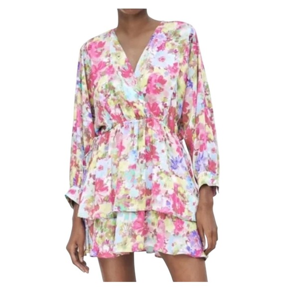 Zara Dress Womens Small Pink Floral Tiered Ruffle Long Sleeve Boho Spring Summer - Picture 5 of 10